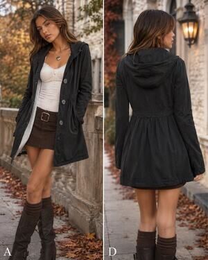 Y2K Doki Geki Black Hooded Babydoll Trench Coat Jacket XS Button Front